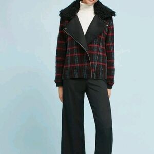 Anthropologie Plaid Shearling Moto Jacket Plaid Red/Black by Greylin
